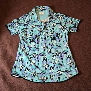 Greg Norman Golf Shirt With Abstract Butterflies Teal And Purple Size Medium